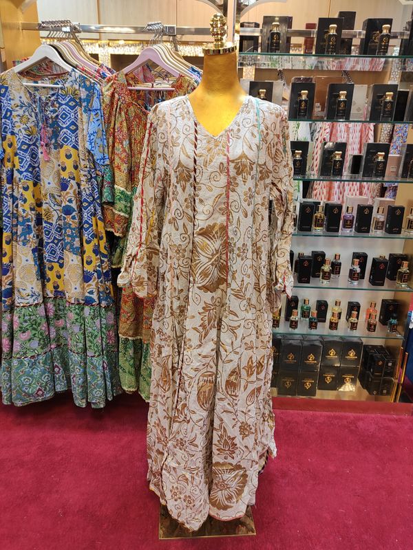 L/XL Meher Crystal White Gold Cotton Dress 56" Long Jalabiya