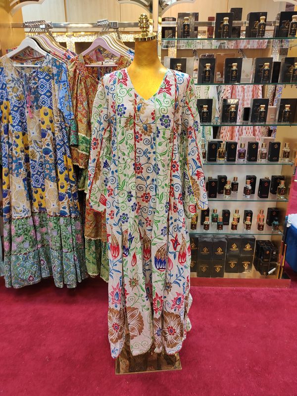 L/XL Meher Crystal White Multi Cotton Dress 56" Long Jalabiya