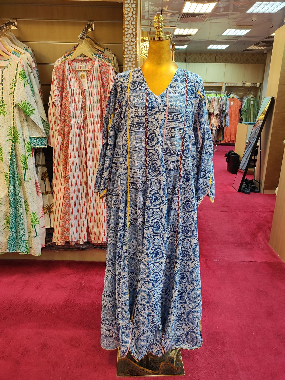 S/M  Meher Crystal Leavf Multi Printed Cotton  Dress 57" Long Jalabiya