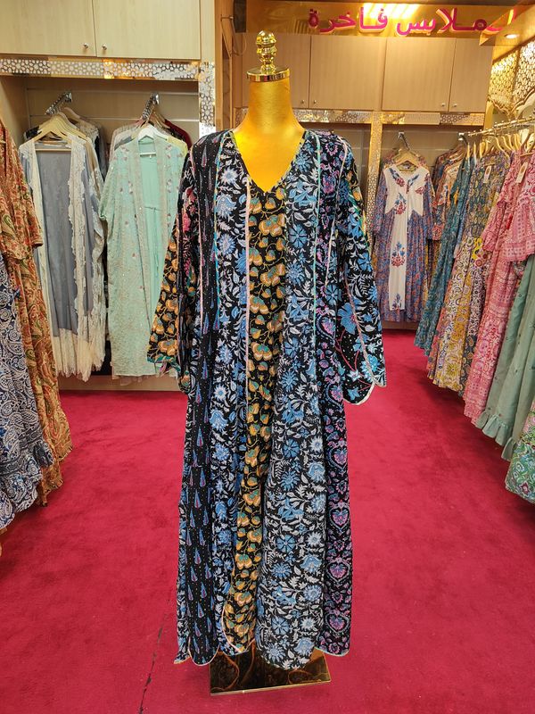 S/M Meher Crystal Black Printed Cotton Dress 57" Long Jalabiya