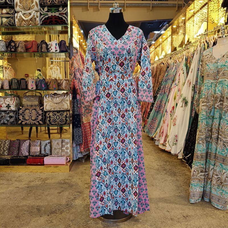 L-XL Noor Printed Cotton Dress 57" Long Jalabiya