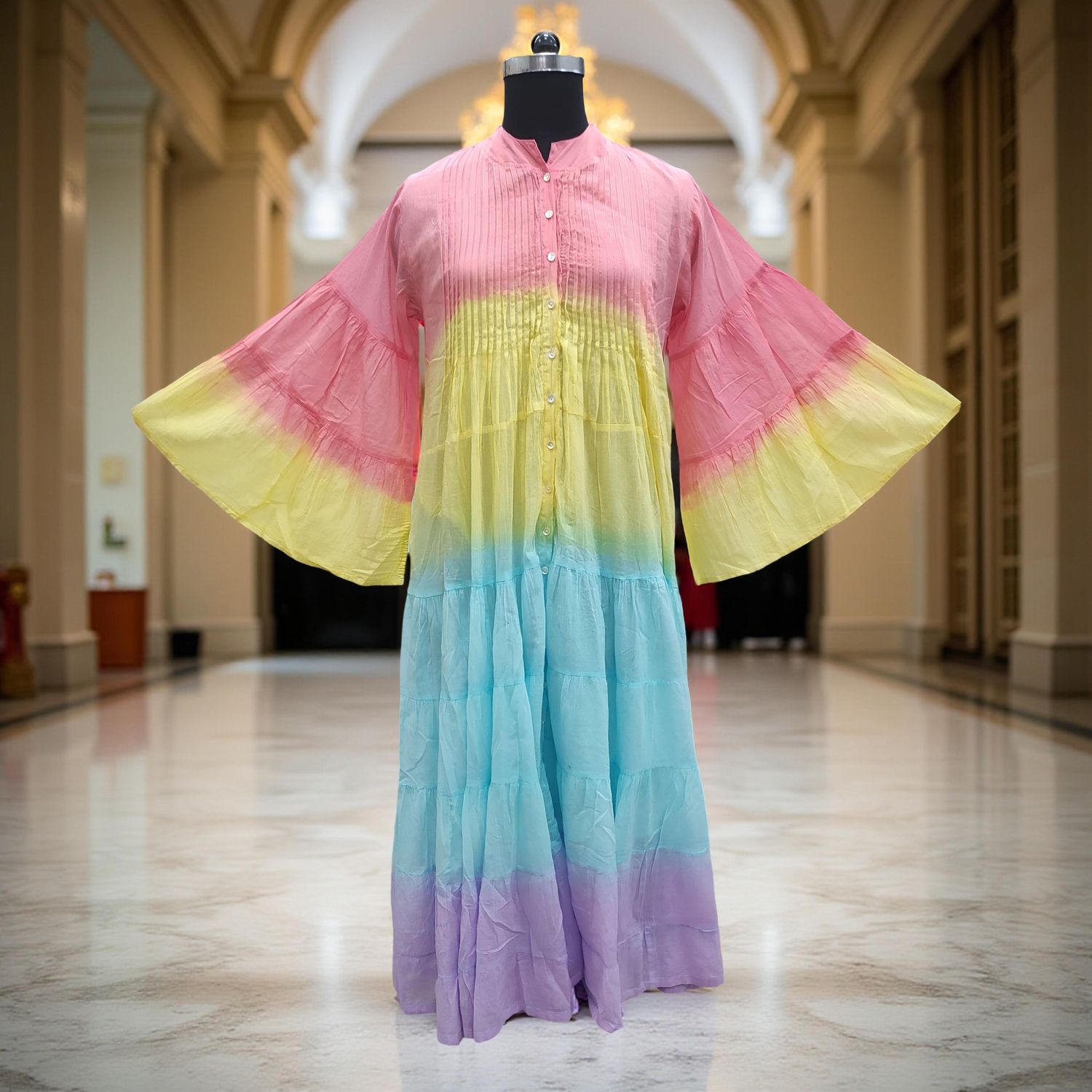 L-XL Halisa Tie-dye Printed Cotton Dress 57" Long Jalabiya