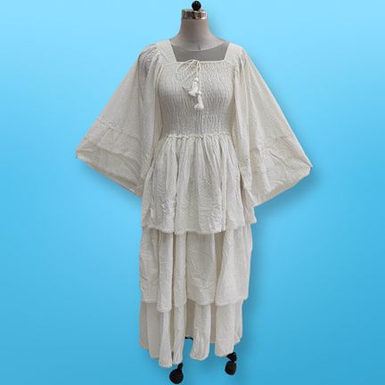 S-M White Crystal Rahima Printed Cotton  Dress 57" Long Jalabiya