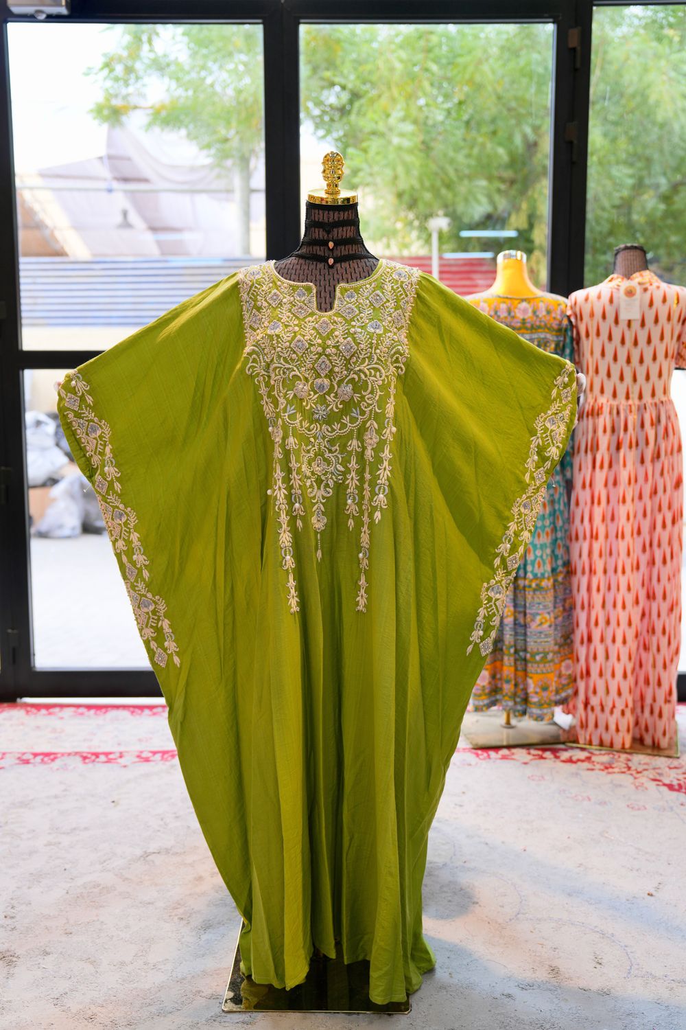 Free Size Green Embroidery Pearls Farasha Length 54"