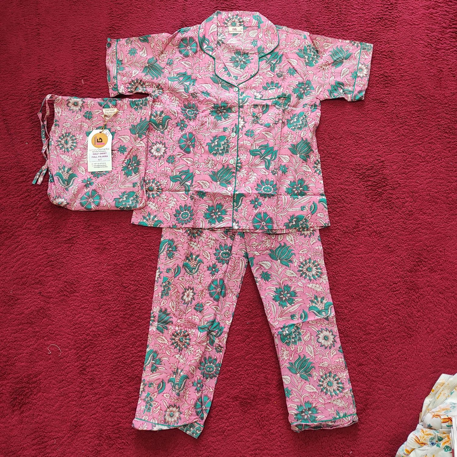 6-7 Year Pajama Cotton Short Sleeves Shirt Collar Neck Full Pajama Set