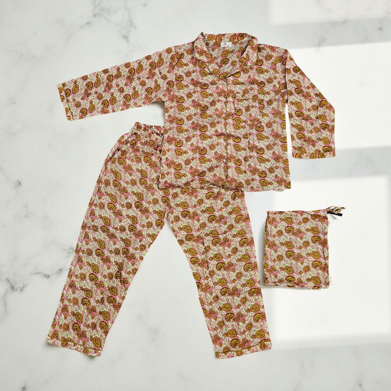 12-13 Year Full Sleeves Full Collar Neck Cotton Pink Pajamas Set