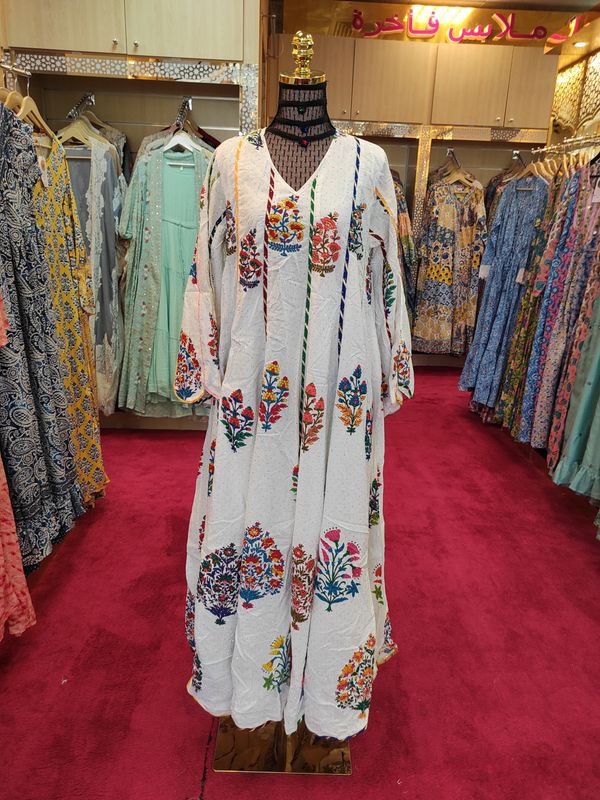 S/M  Meher  White Crystal  printed Cotton  Dress 57" Long Jalabiya