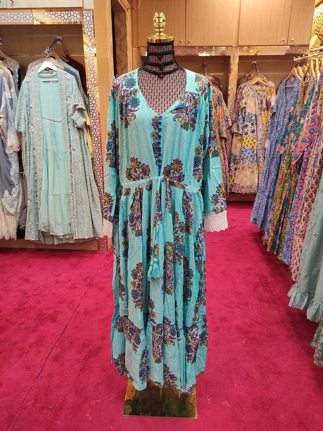 S/M Ari Crystal Multi printed Cotton Dress 57" Long Jalabiya