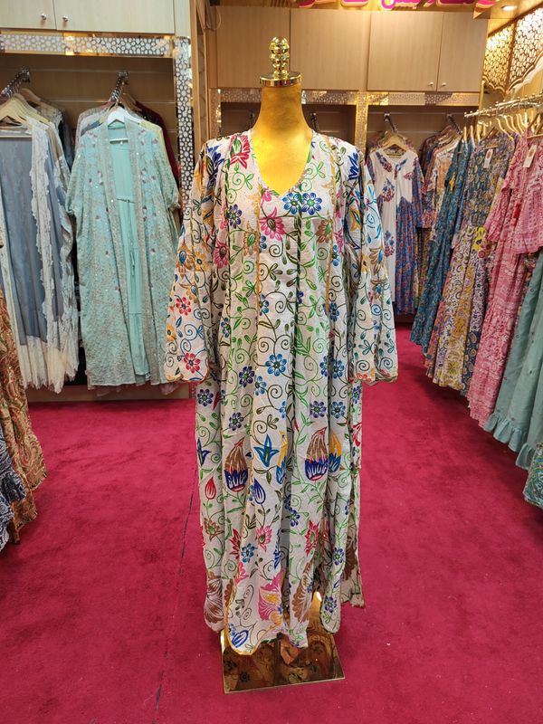 L/XL   Meher Crystal White Cotton Dress 56" Long Jalabiya