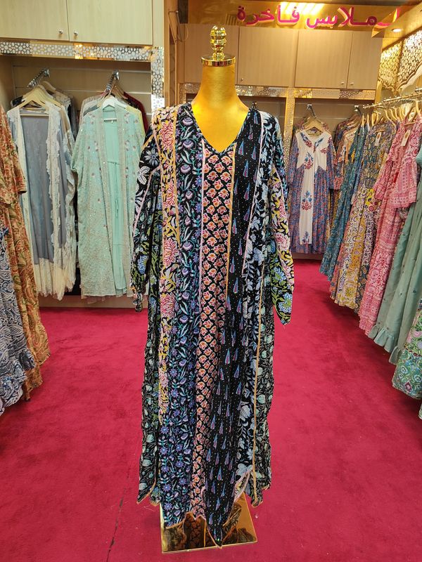 S/M Meher Crystal Black Printed Cotton Dress 57" Long Jalabiya