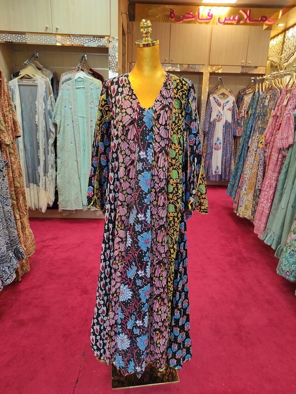 S/M Meher Crystal Black Printed Cotton Dress 57" Long Jalabiya