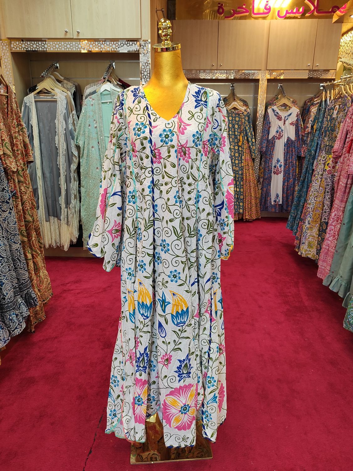 S/M Meher Crystal White Printed Cotton Dress 56" Long Jalabiya