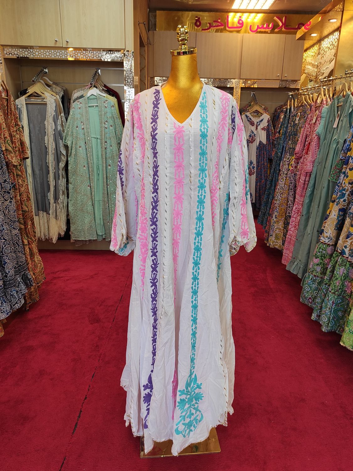 2XL/3XL  Meher  White Crystal   Cotton  Dress 56" Long Jalabiya