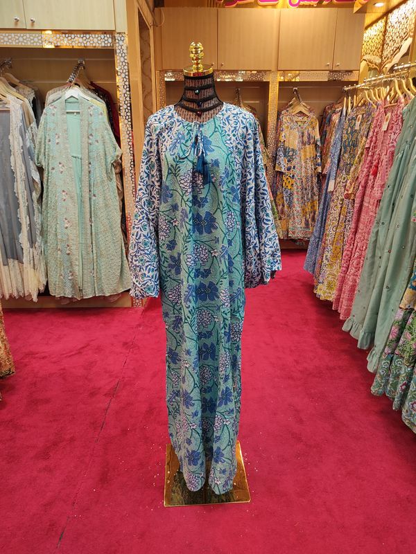 L/XL Spcial Crystal Printed Cotton Dress 57" Long Jalabiya