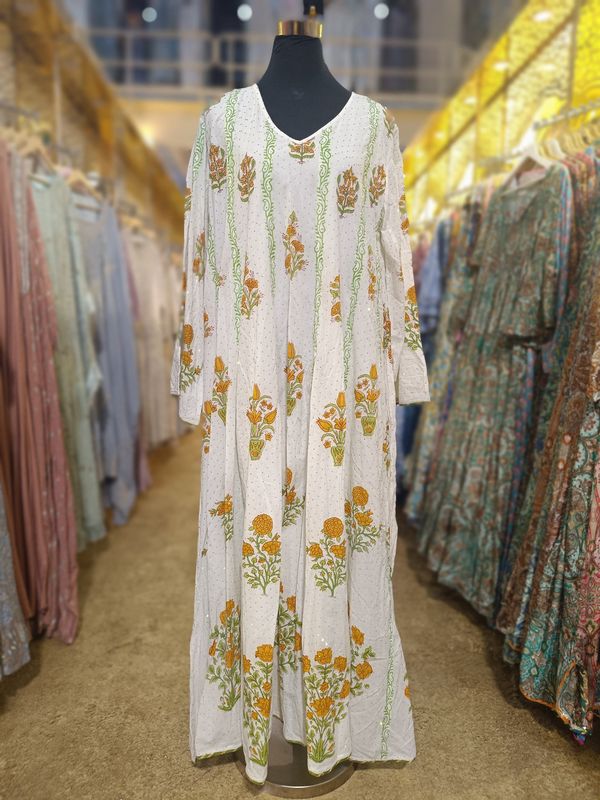 L/XL Meher Crystal white Multi Printed Cotton Dress 57" Long Jalabiya