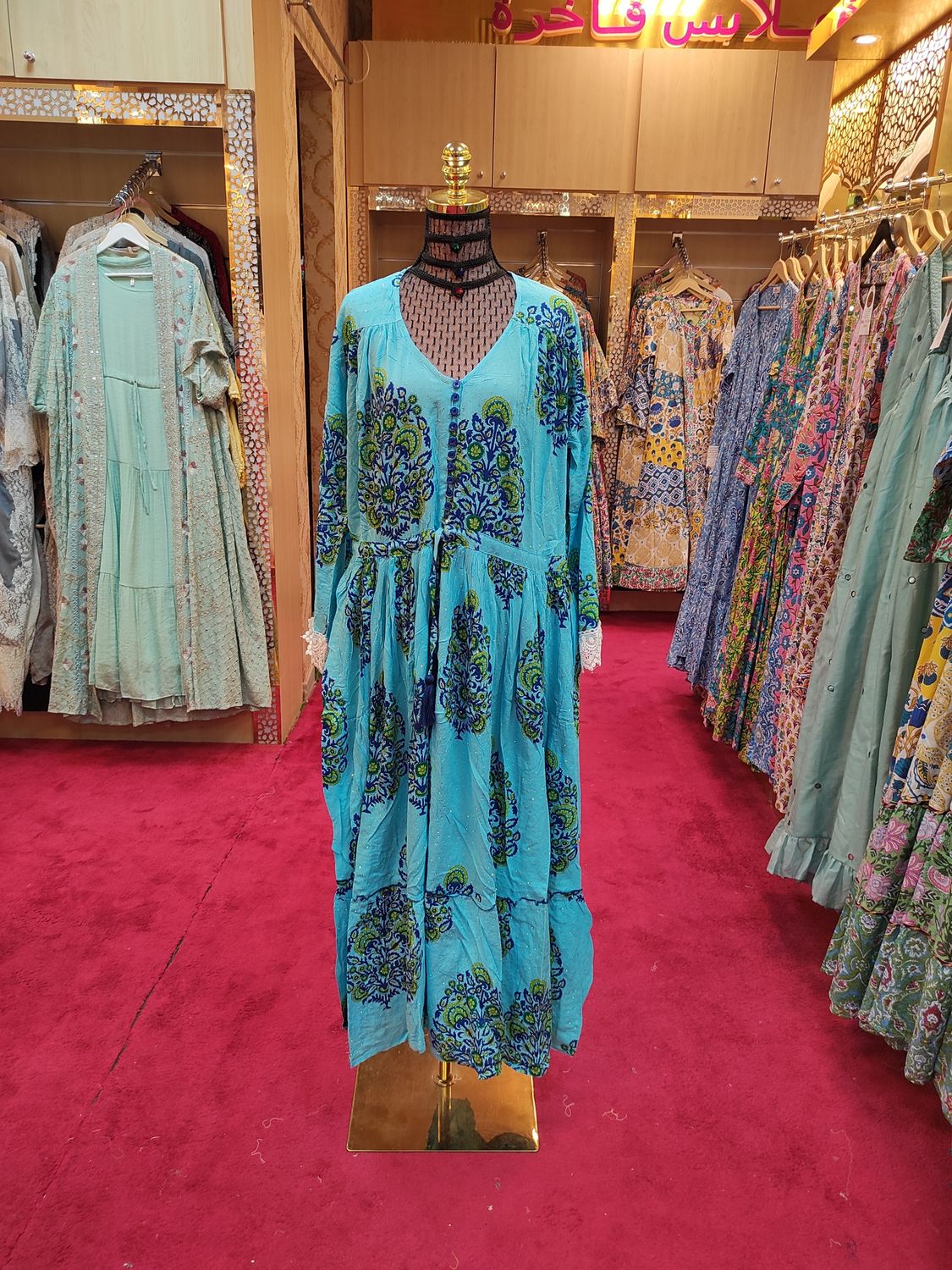 S/XS Ari Crystal Multi printed Cotton Dress 57" Long Jalabiya