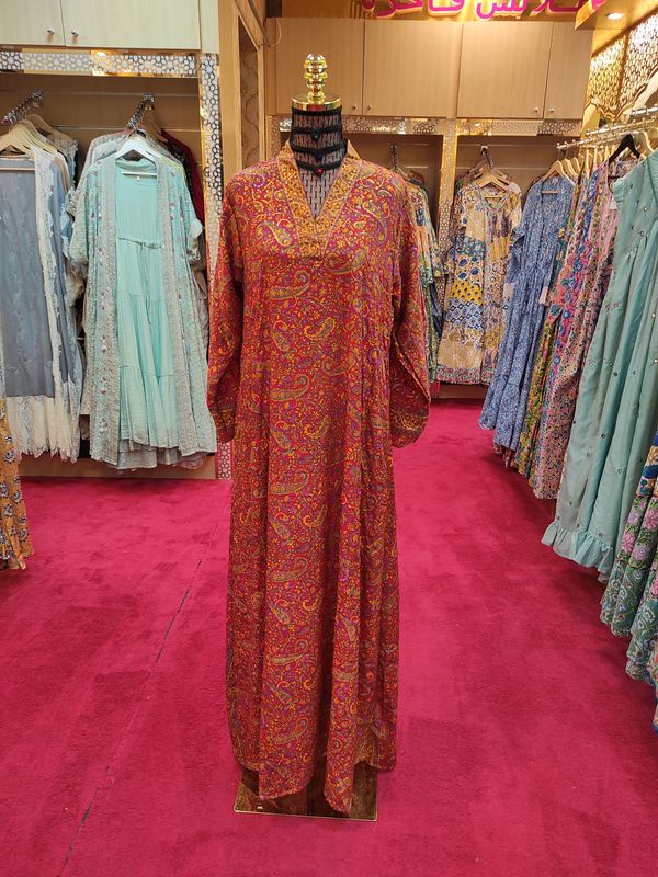 S/M Teena  Printed Silk Dress 57" Long Jalabiya