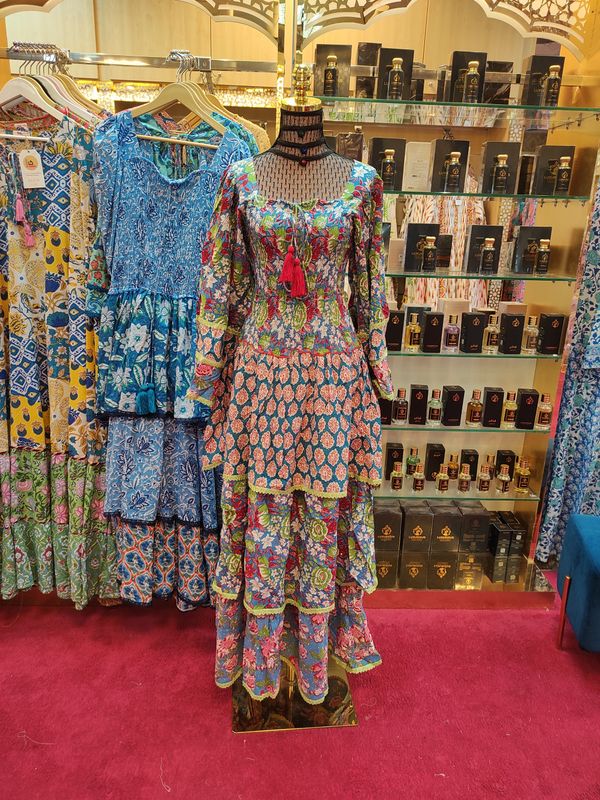 S/M   Crystal Rahima Multi Printed Cotton  Dress 57" Long Jalabiya