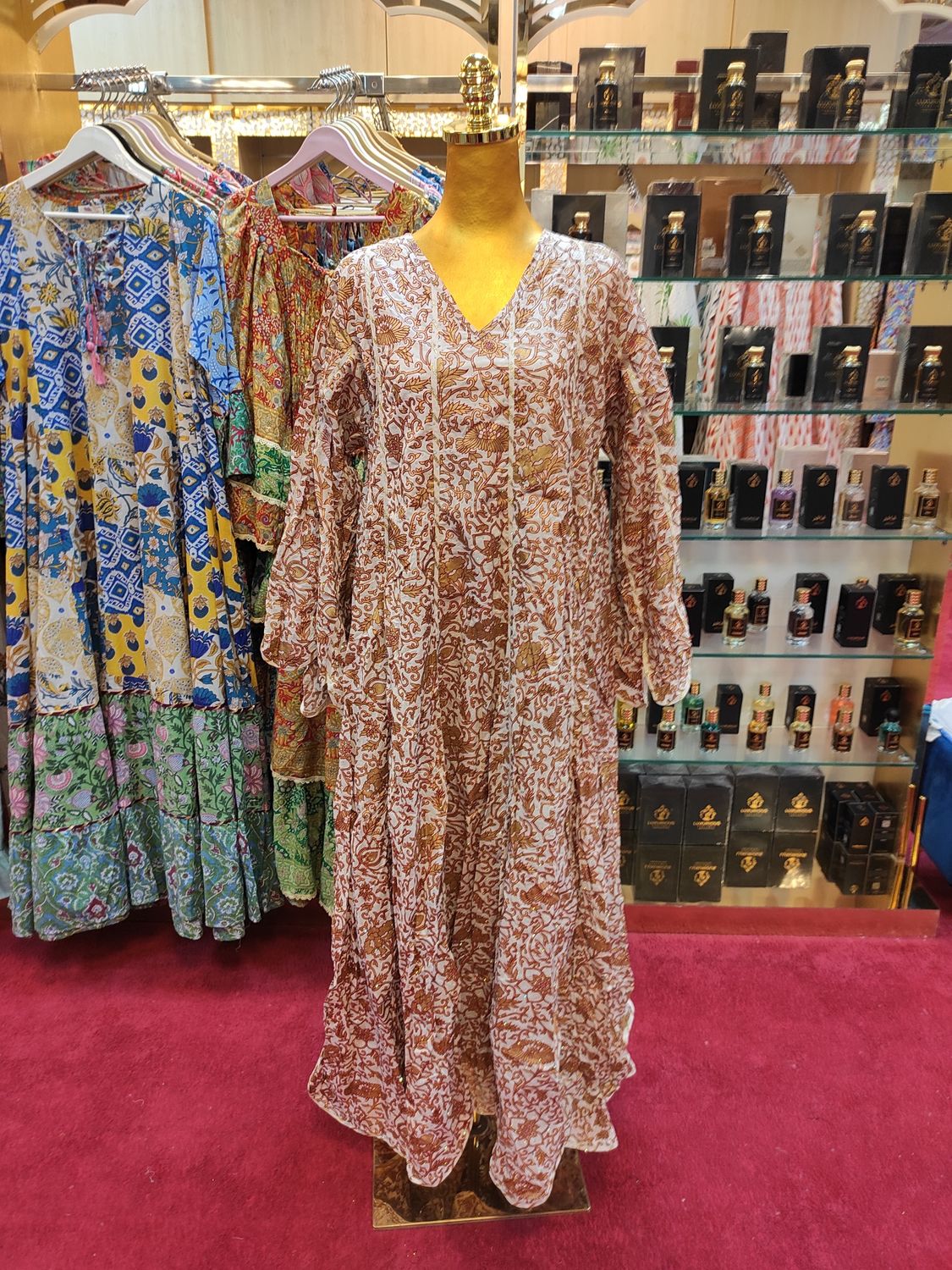 L/XL Meher Crystal White Gold Cotton Dress 56" Long Jalabiya