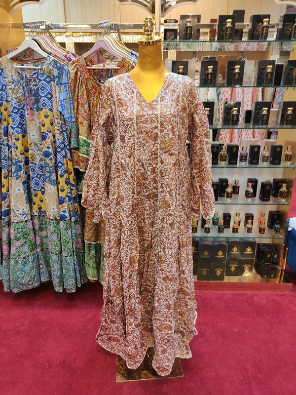 L/XL Meher Crystal White Gold Cotton Dress 56" Long Jalabiya