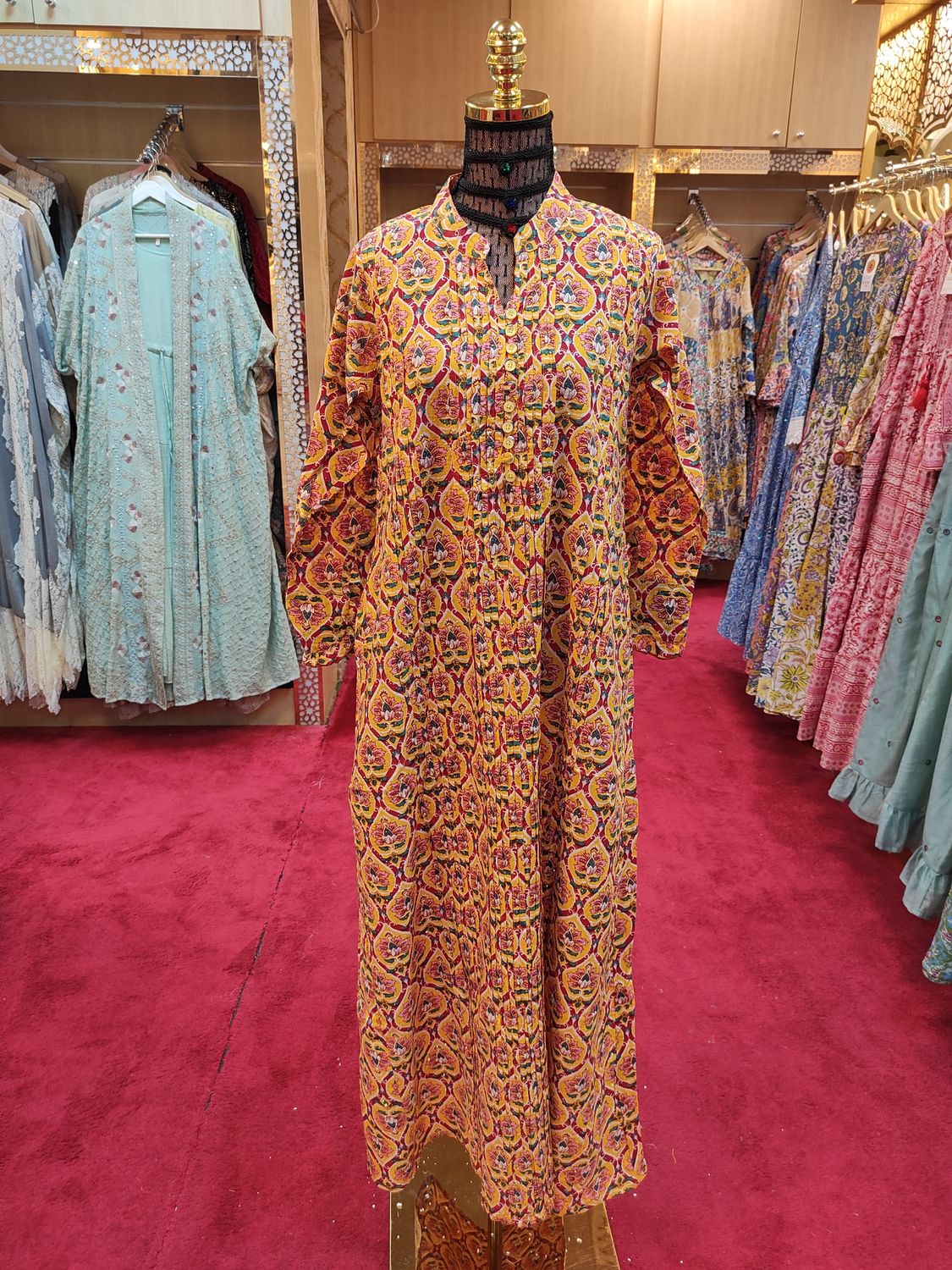 XS/S Delbar Crystal Printed Cotton Dress 54'' Long Jalabiya