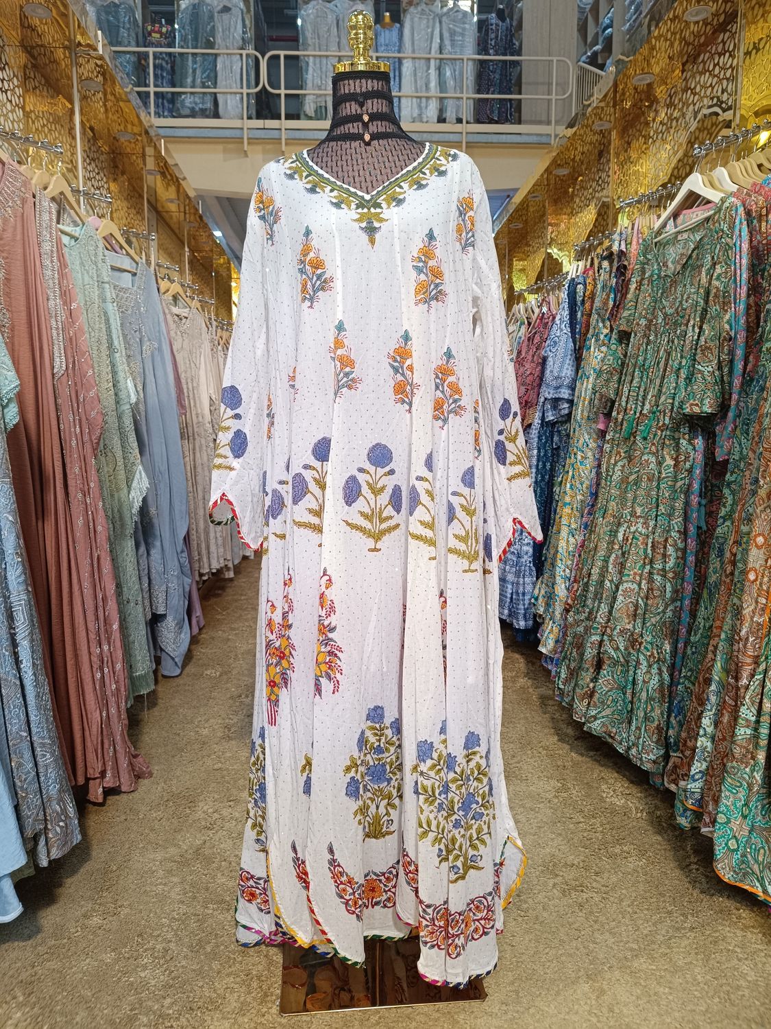 L/XL Meher Crystal white Multi Printed Cotton Dress 57" Long Jalabiya