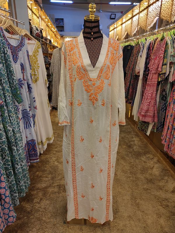4XL/5XL Teena Embroidery White Cotton Dress 57" Long Jalabiya