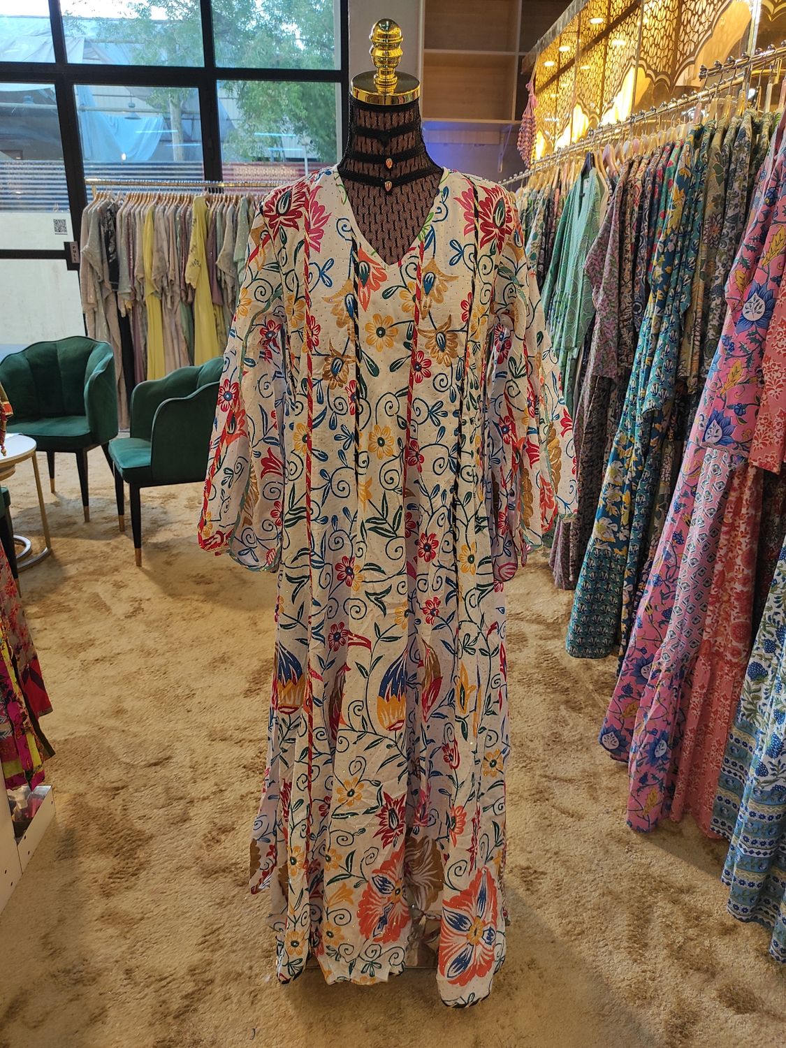 S/M Meher Crystal White Printed Cotton Dress 56" Long Jalabiya