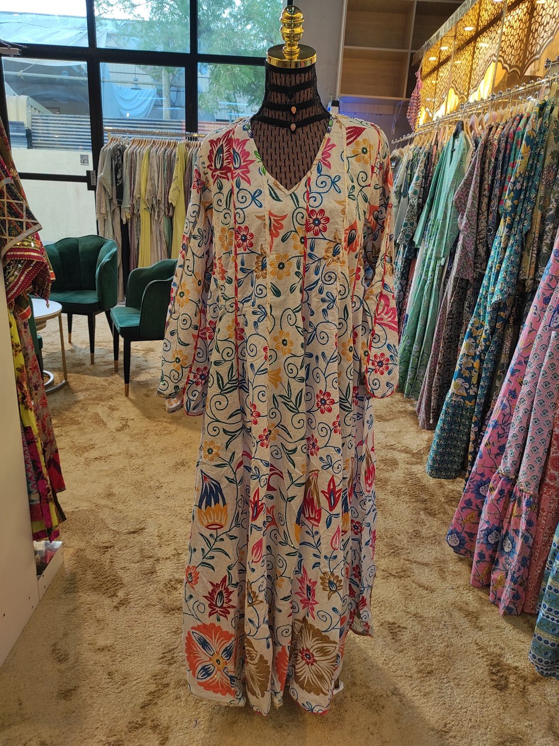 S/M Meher Crystal White Printed Cotton Dress 56" Long Jalabiya