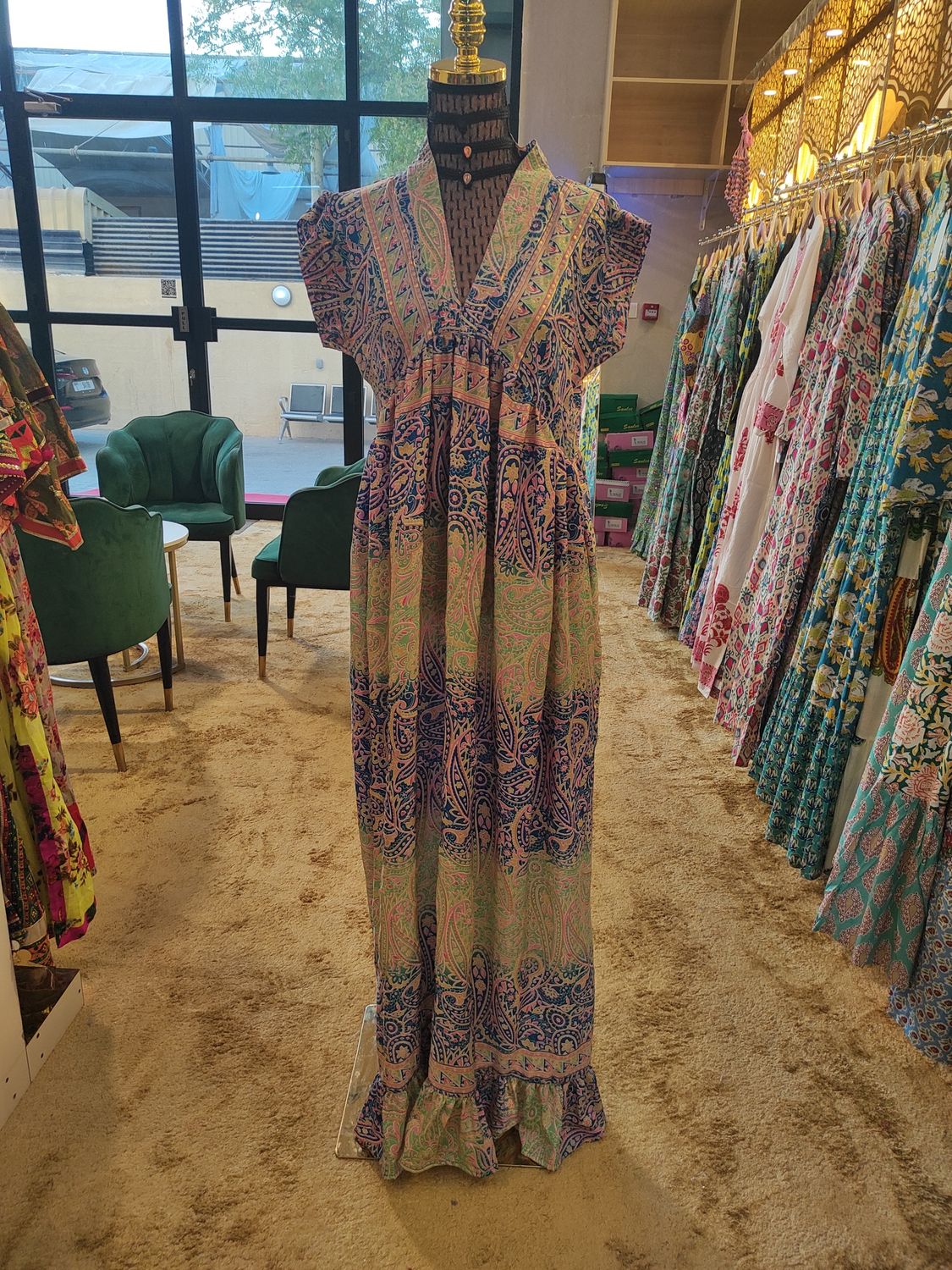 S/M Amani Gold Print Silk Dress 57" Short Sleeves Jalabiya