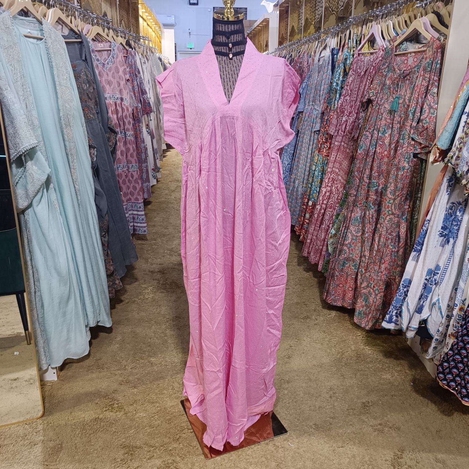 L/XL Amani Crystal Pink Plain Solid Cotton Dress 56" Short Sleeves Jalabiya