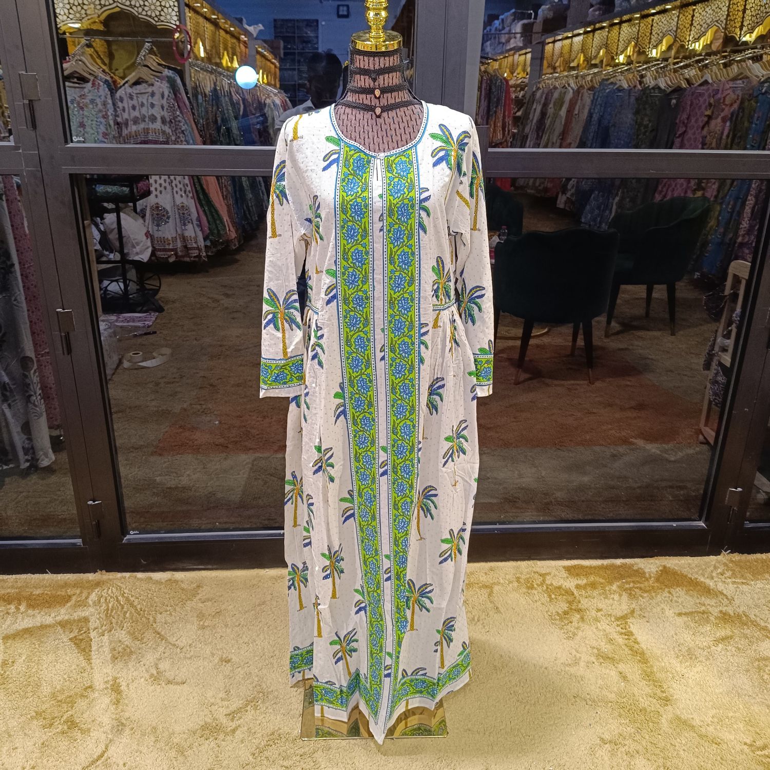 S/M Bhopali Crystal Printed And Hand work Cotton Dress 57" Long Jalabiya