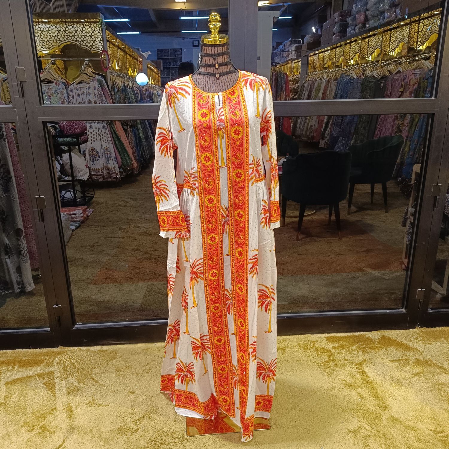 L/XL Crystal Bhopali Printed And Hand work Cotton Dress 57" Long Jalabiya