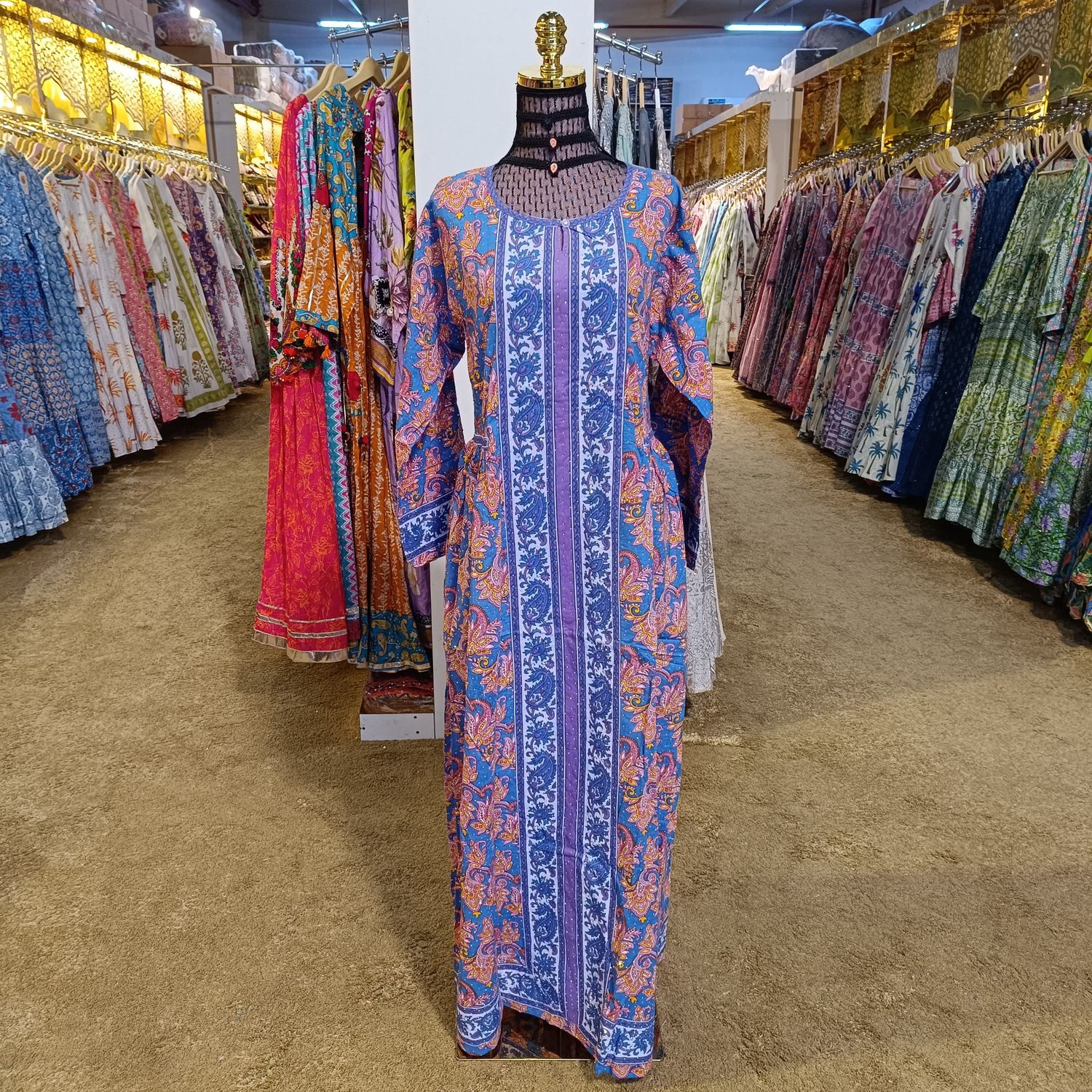 S/M Bhopali Crystal Printed And Hand work Cotton Dress 57" Long Jalabiya