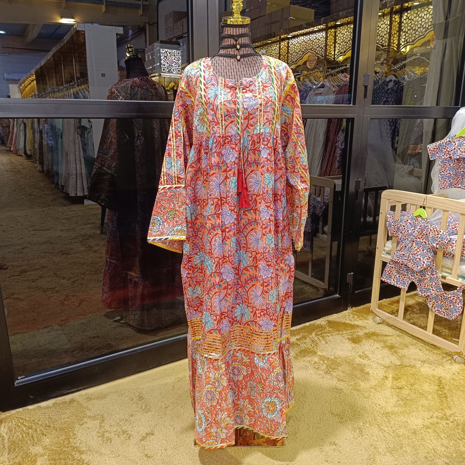 L/XL Ebrah Printed Cotton Dress 57" Long Jalabiya