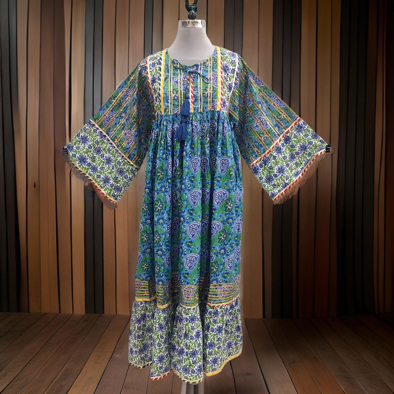 L/XL Ebrah Printed Cotton Dress 57" Long Jalabiya