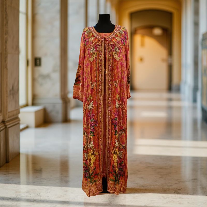 XS-S Digital Dress Printed Silky Hand Embroidery  54" Long Jalabiya 2 Pcs