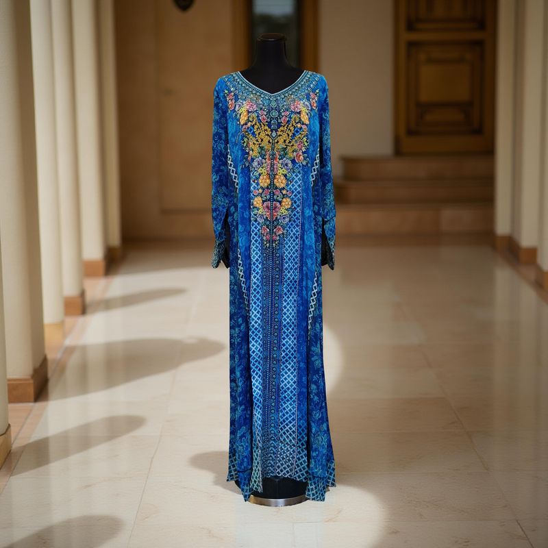 XS-S Digital Dress Printed Silky Hand Embroidery  54" Long Jalabiya
