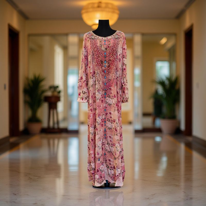 XS-S Digital Dress Printed Silky Hand Embroidery  54" Long Jalabiya