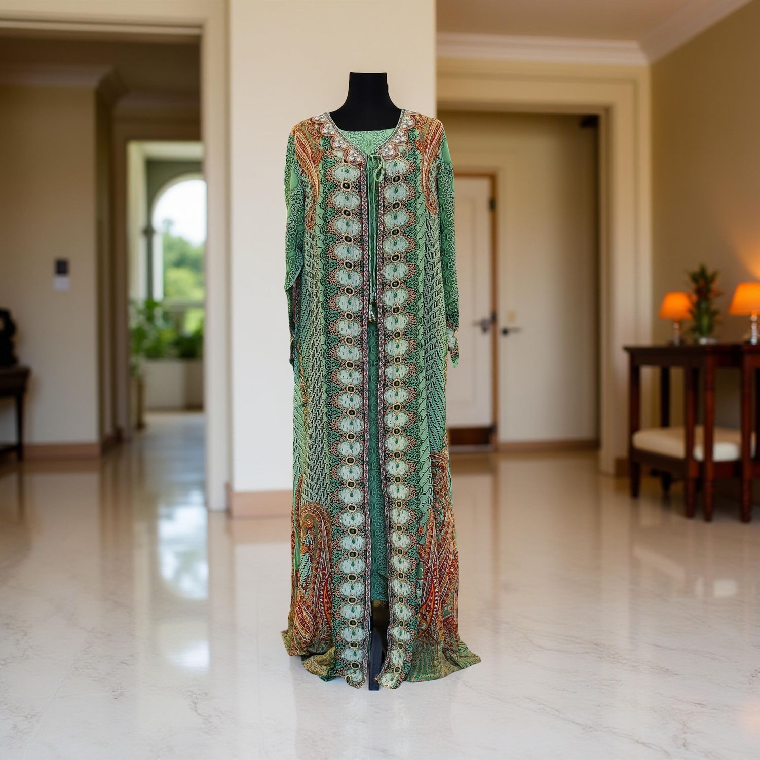 XS-S Digital Dress Printed Silky Hand Embroidery  54" Long Jalabiya 2 Pcs