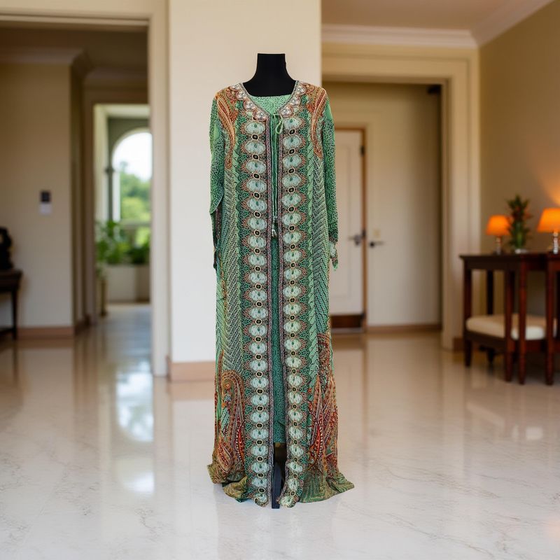 XS-S Digital Dress Printed Silky Hand Embroidery  54" Long Jalabiya 2 Pcs