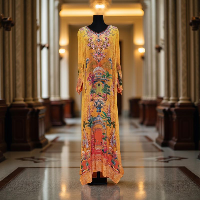 XS-S Digital Dress Printed Silky Hand Embroidery  54" Long Jalabiya