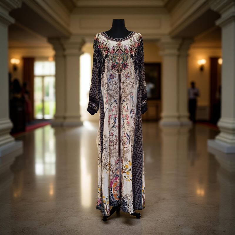XS-S Digital Dress Printed Silky Hand Embroidery  54" Long Jalabiya