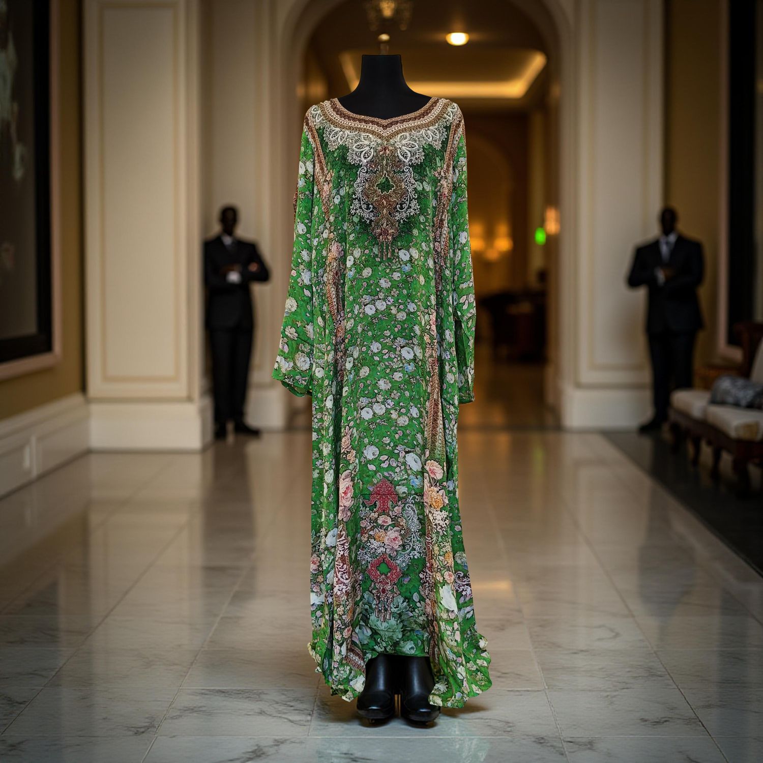 XS-S Digital Dress Printed Silky Hand Embroidery  54" Long Jalabiya