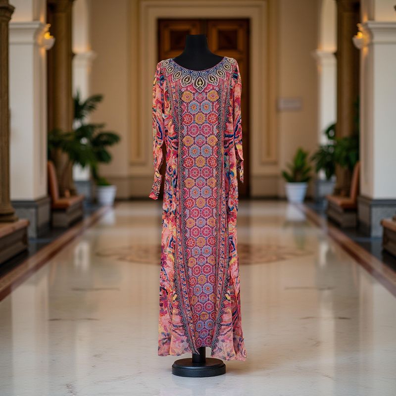 XL Digital Dress Printed Silky Hand Embroidery  57" Long Jalabiya