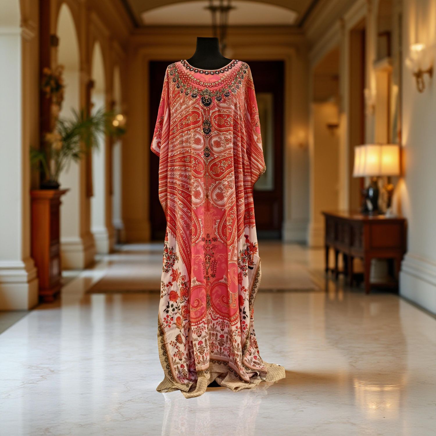 XL Digital Dress Kaftan Printed Silky Hand Embroidery  57" Long Jalabiya