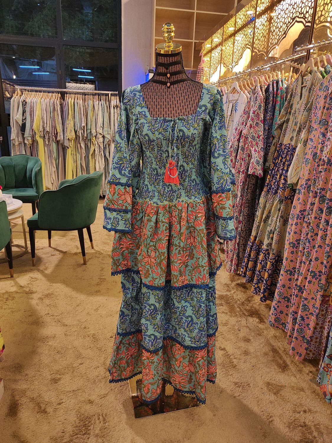 L/XL  Crystal Rahima Multi Printed Cotton  Dress 57" Long Jalabiya