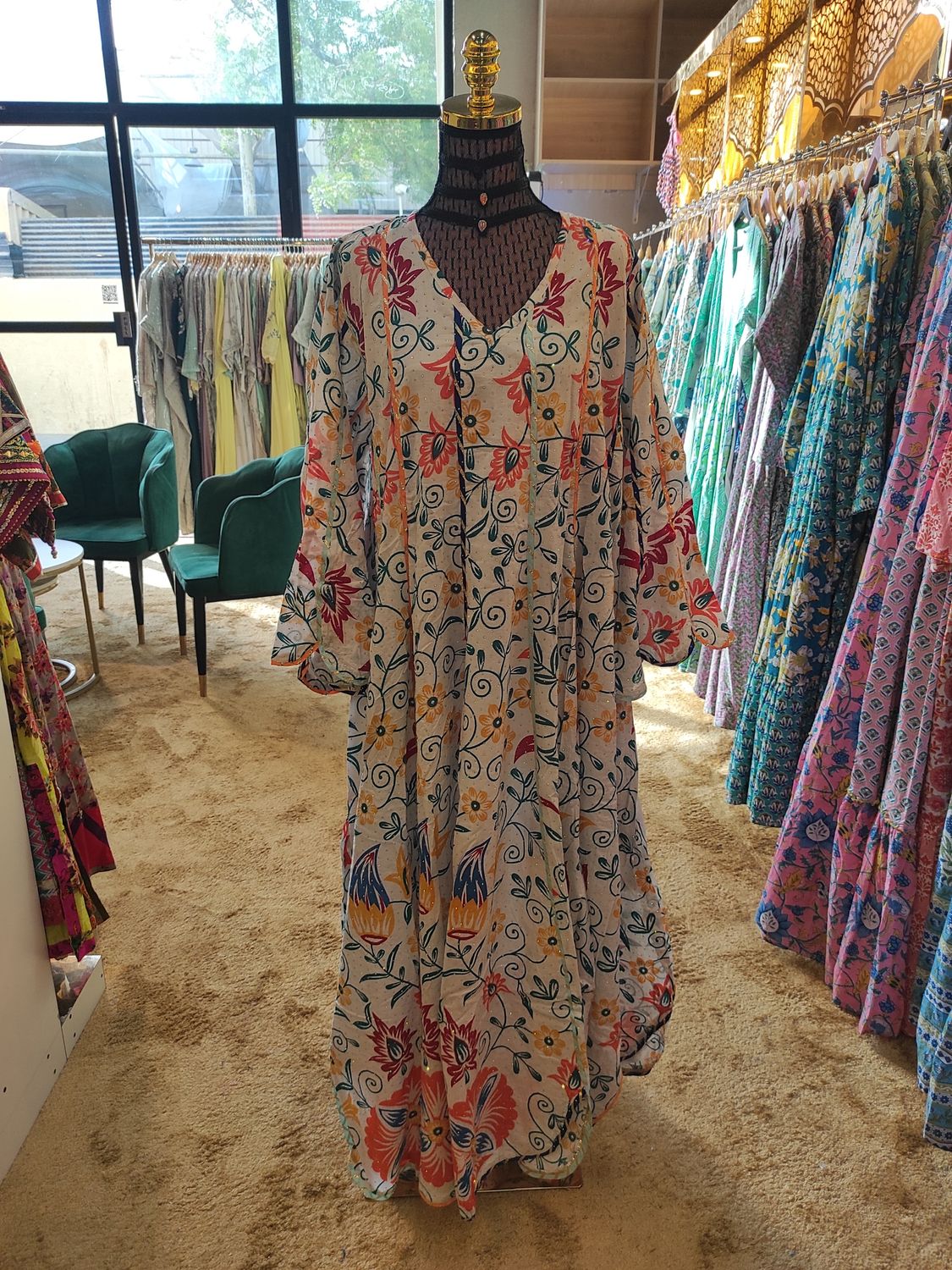 L/XL   Meher Crystal White Cotton Dress 56" Long Jalabiya