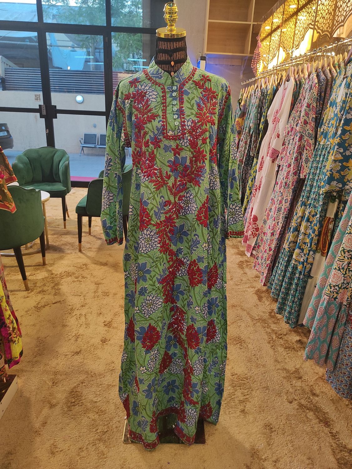 L/XL Sofi Embroidery Printed Cotton Dress 57" Long Jalabiya