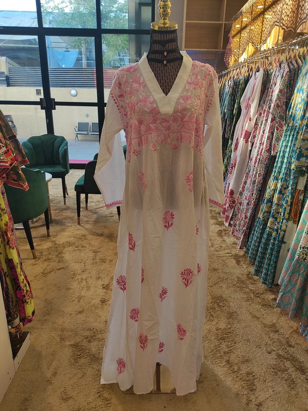 S/M Teena Embroidery White Cotton Dress 57" Long Jalabiya